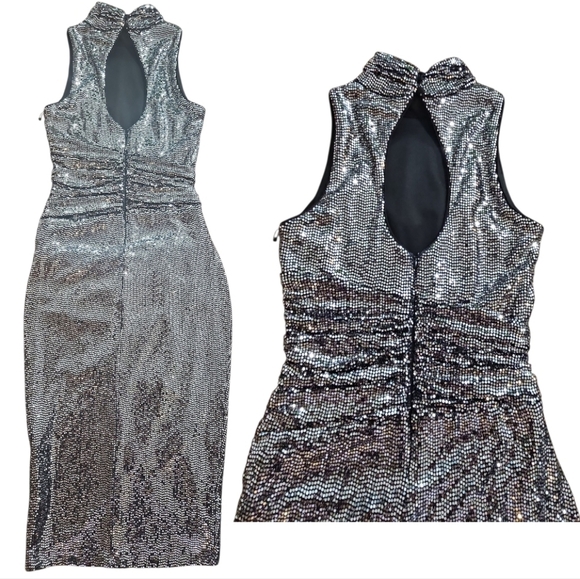 NWT Vince Camuto Dress Midi  Silver Metallic Mock Neck Cocktail Woman sz 4 - Picture 6 of 9